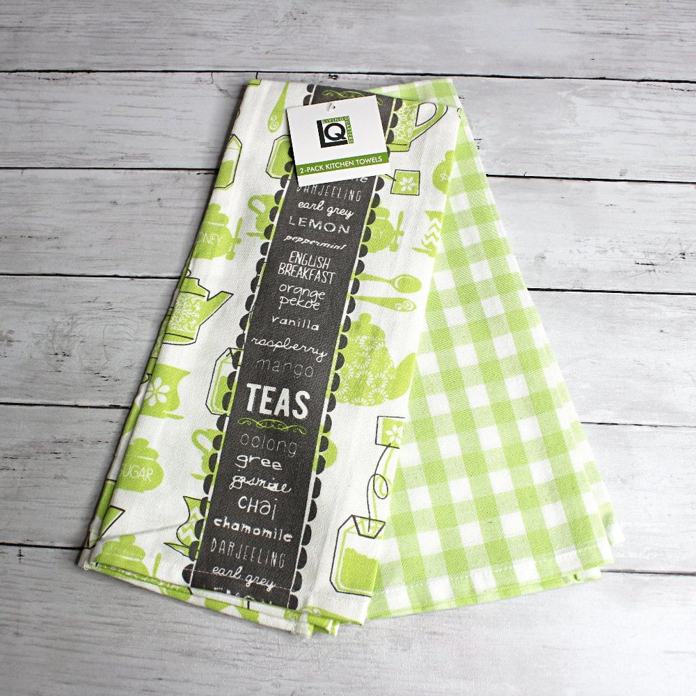 Living Quarters Kitchen Towel Set Green White Tea Pots 100% Cotton